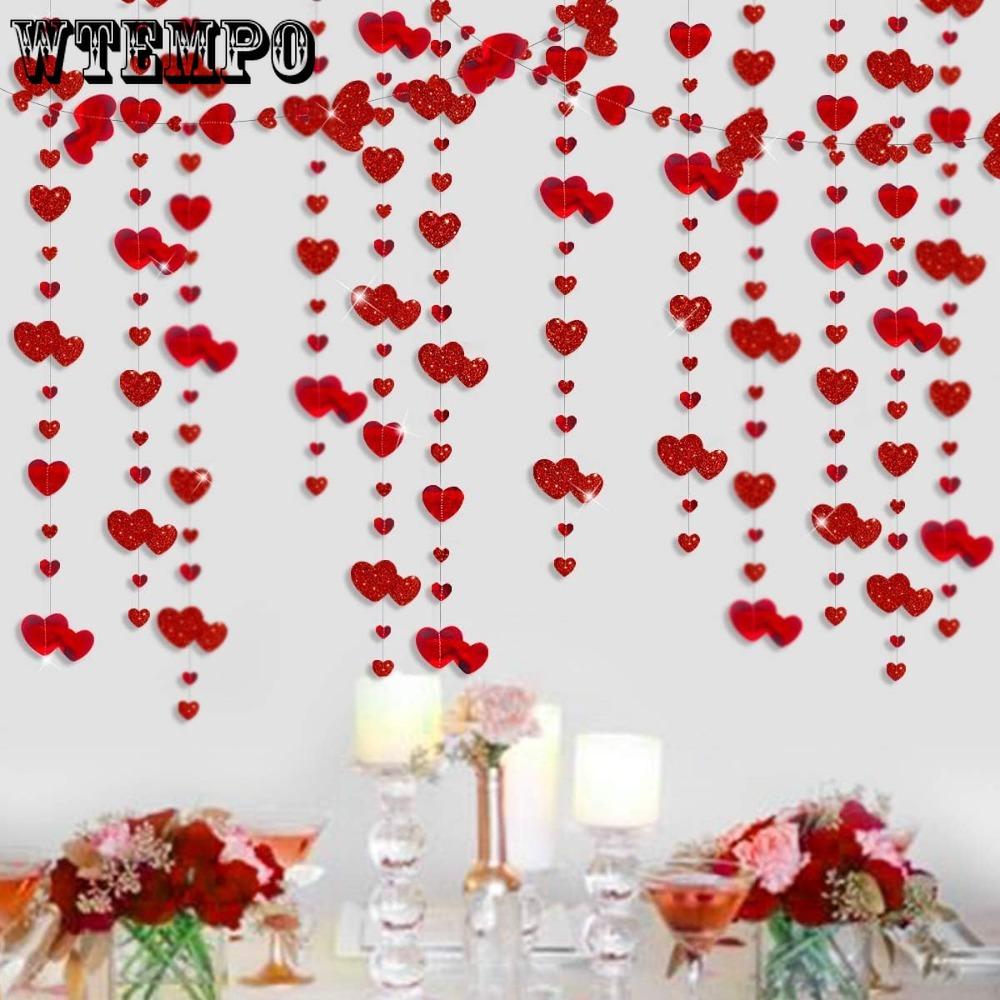 4pcs Valentines Day Party Garlands Decoration Red Heart Garland Metallic Glitter Hanging Heart Streamer Banner