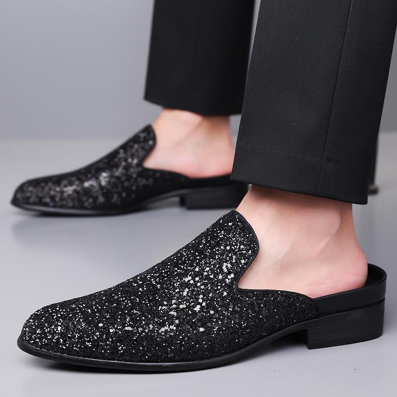 Mode Neue Luxus Designer Herren Gold Pailletten Lackleder Halbschuhe Für Männer Hip-Hop Mules Sandalen Lässige Loafer Hausschuhe