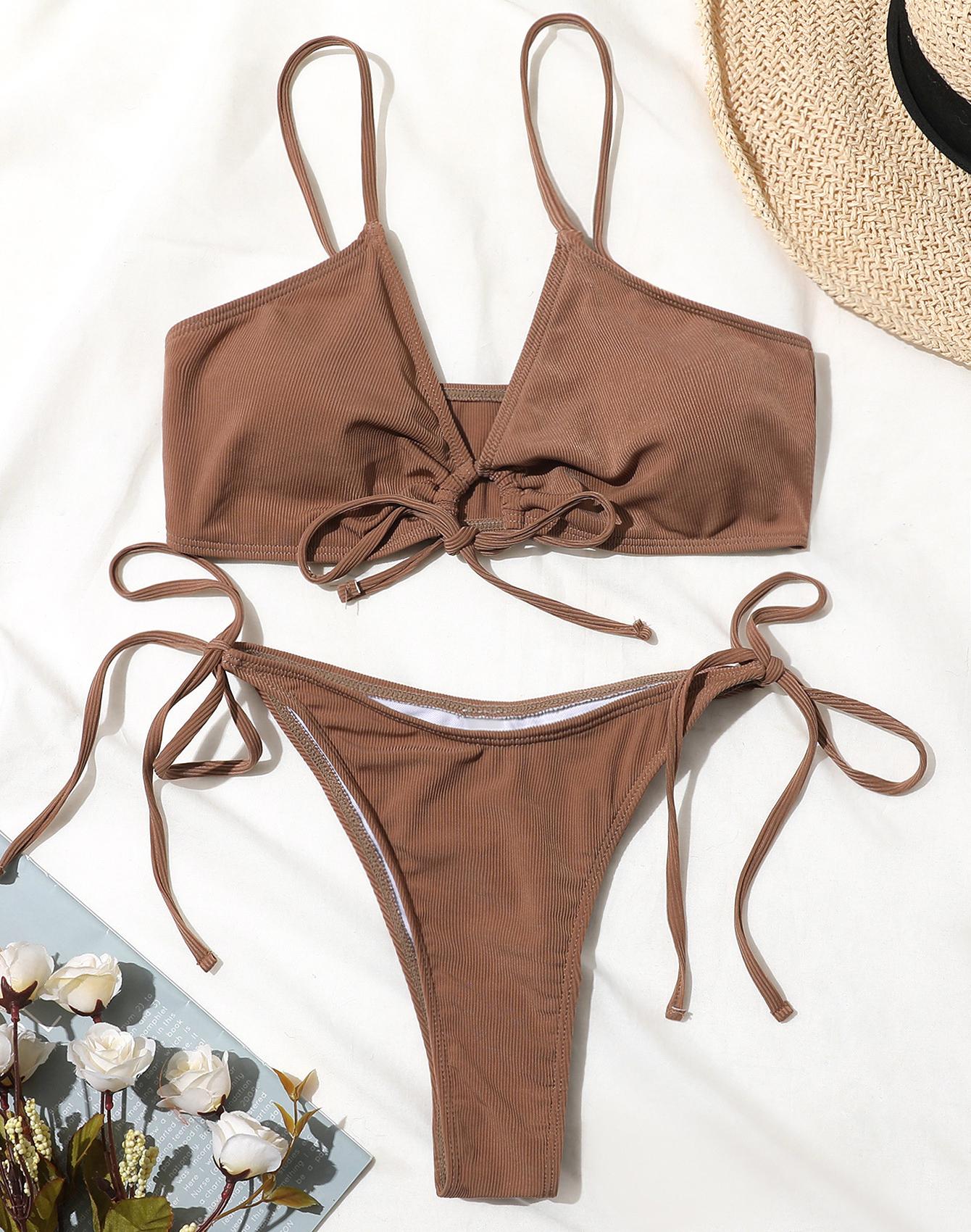 

Женский купальник с завязками спереди, сексуальный комплект бикини с высокой талией и боковыми завязками M коричневый