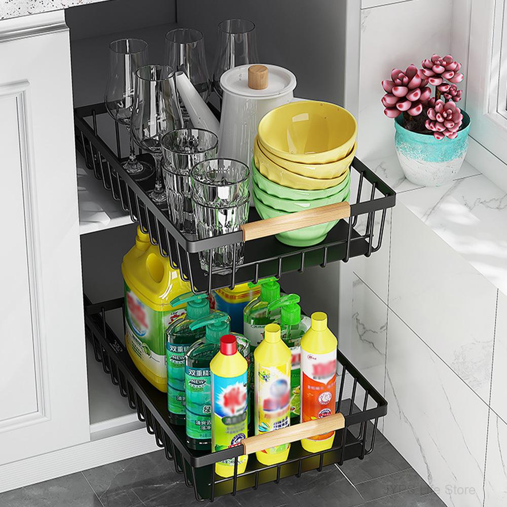 Kitchen Storage Rack Pull Out Cabinet Basket Under Sink Organizer Slide Out Pantry Shelves Sliding Drawer For Bathroom Kitchen