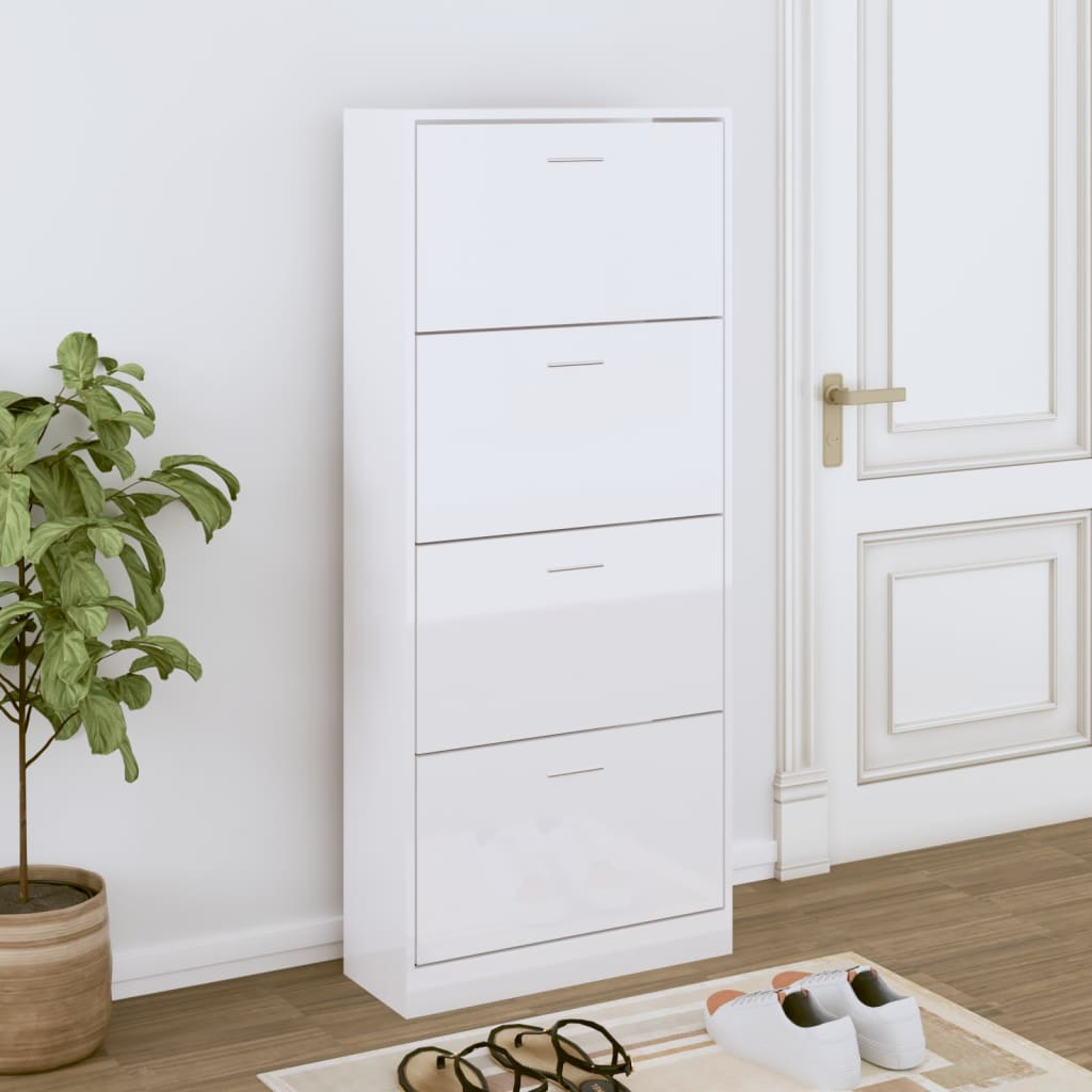 Shoe Cabinet High Gloss White 63 X 24 X 147 Cm Particleboard