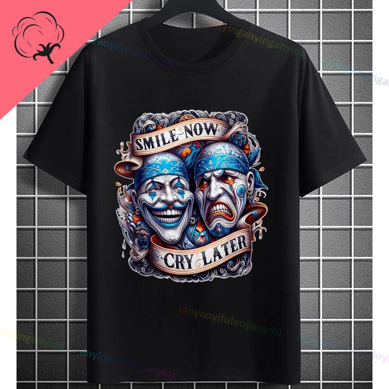 Unisexs Funny Comedy Tragedy Masks White Roses Art Graphic Tshirt Shortsleeve Pure Cotton Fashion Streetwear Casual Tshirt