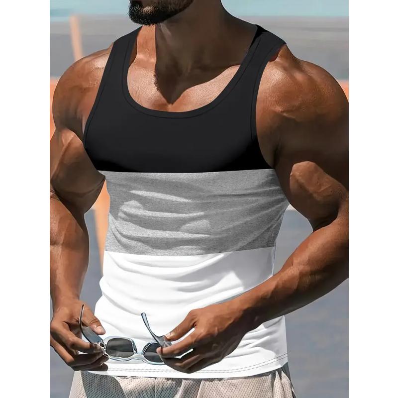 Sommar Rundhalsad 3D Färgstarka Ränder Färgblock Mönster Tryckt Topp Trendig Vardaglig Ärmlös Väst Herr T-shirts