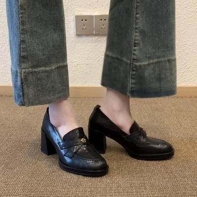 Autumn Camellia Cowhide Loafers: Retro High Heel Chunky Leather Shoes for Women