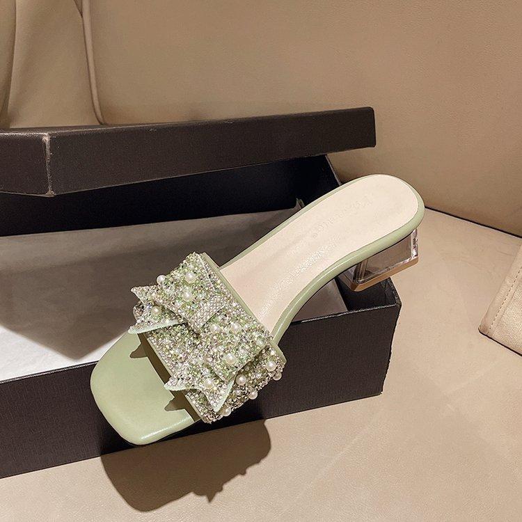 2025 new Internet celebrity thick heel cool slippers women wear summer fairy style fashion bow rhinestone slippers