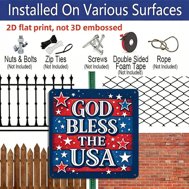 2D Flat 1pc Patriotic "God Bless The USA" Aluminum Plaque, Weatherproof Hanging Metal Sign with Stars, Rustic Americana Wall Decor for Home Porch