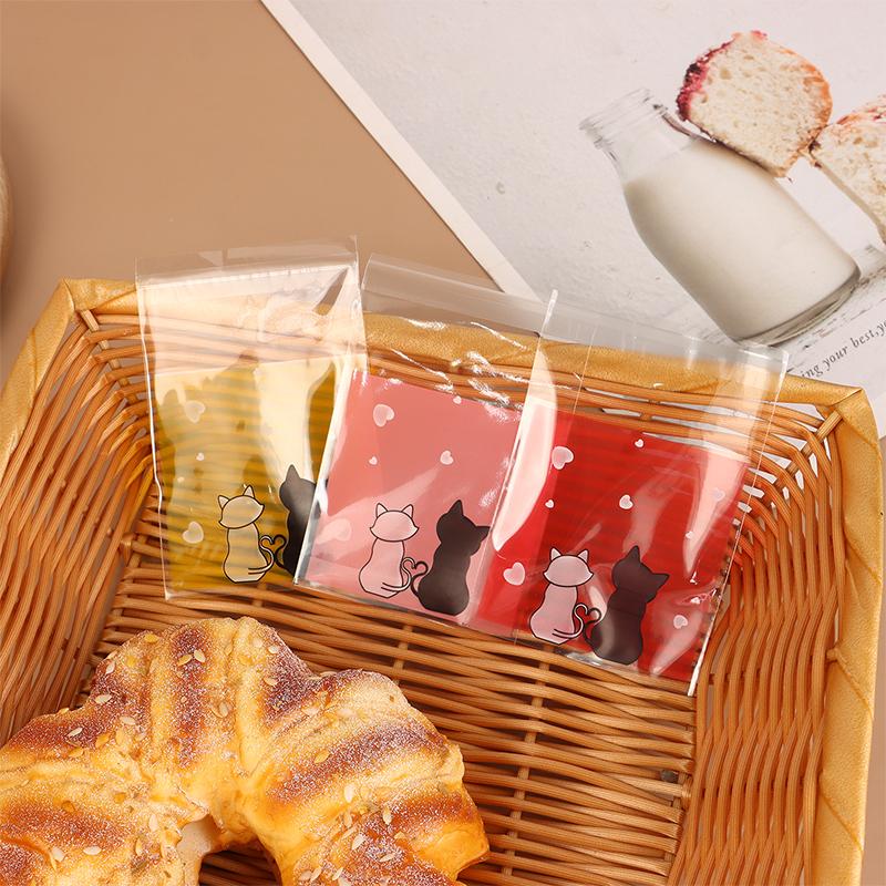 100 Stück Mini-Cartoon-Kekstüten zum Backen, Snacks, selbstklebende Tüten, Pärchen, Katzen, Kekse, Süßigkeiten, Schmuck, Geschenkverpackung, Plastiktüte