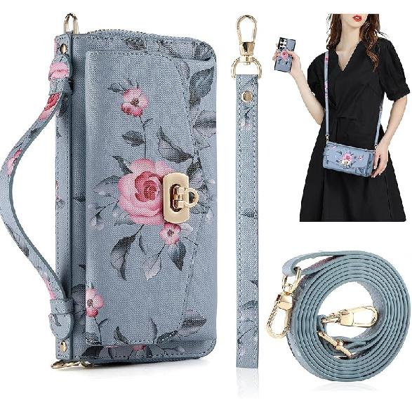 Crossbody Wallet Case for Samsung Galaxy S24 Ultra, Magnetic Detachable PU Leather Flip Phone Case with Card Holder RFID Blocking Wristlet Mirror
