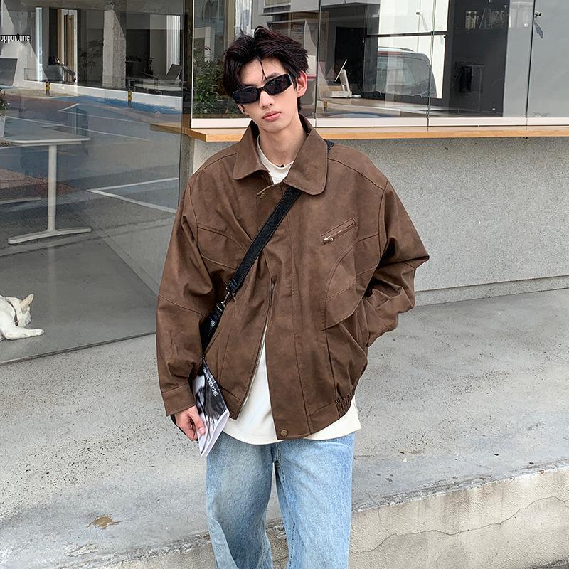 Men's Autumn Punk Brown Distressed Leather Motorcycle Jacket with Turn-Down Collar