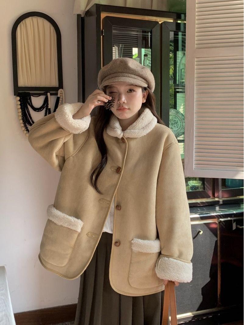 

Женское ретро пальто из искусственной овчины - Зимний стиль с плюшевым вельветом, толстой замшей и мехом в эстетике колледжа XXL хаки