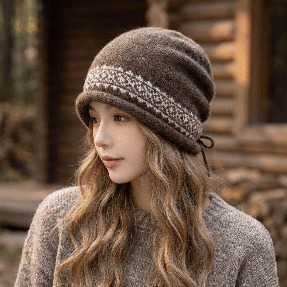 Vintage Women's Beanie Slouchy Fit Jacquard Knit Hat Durable Drawstring Knit Cap Daily Commute