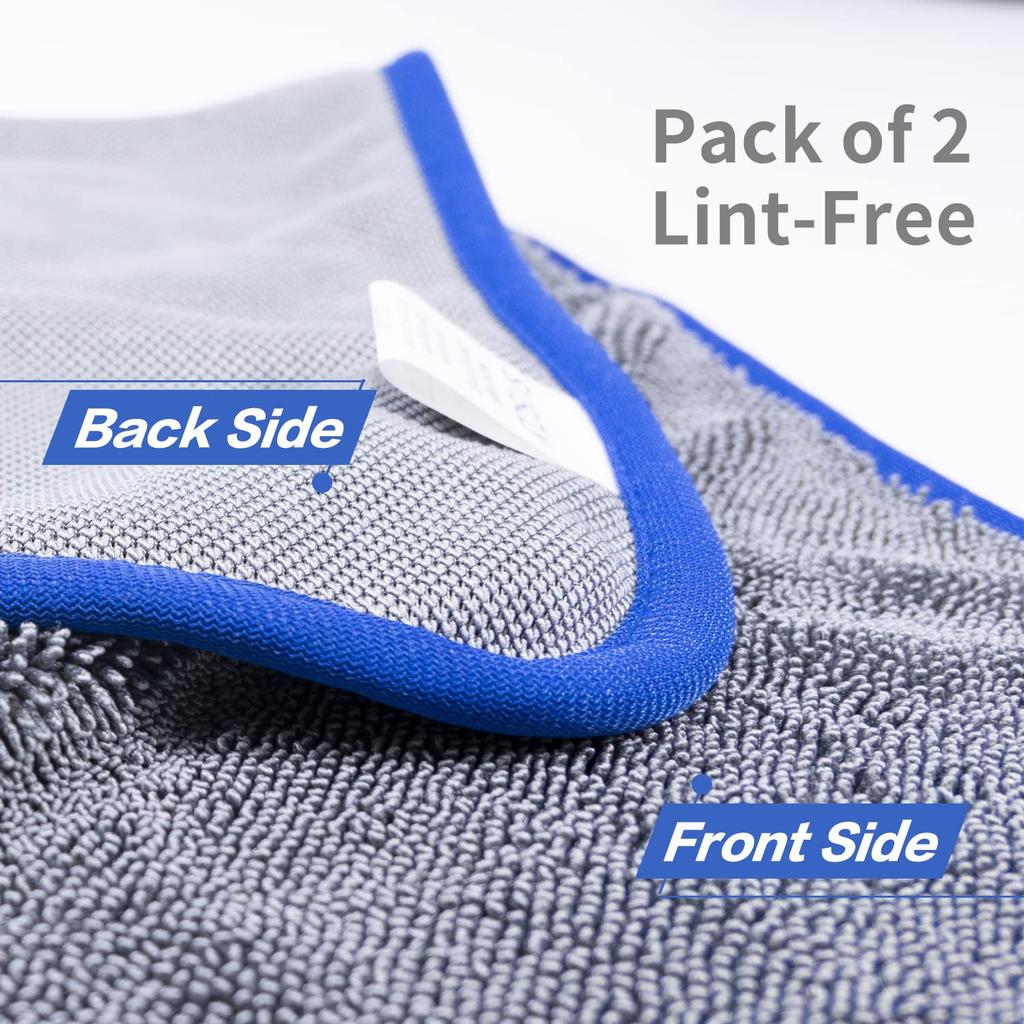 SHSCLY Microfiber Car Wash Towel, Super Absorbent Dryer Cloth, Large Thick Twist Pile (Gray with Blue Border, 74x84cm, Pack of 2)