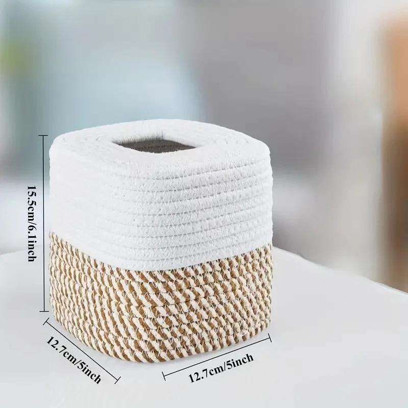 1pc Cotton Thread Tissue Box Square Desktop Napkin Decorative Box Multi-functional Hand-woven Storage Basket Tissue Storage Box