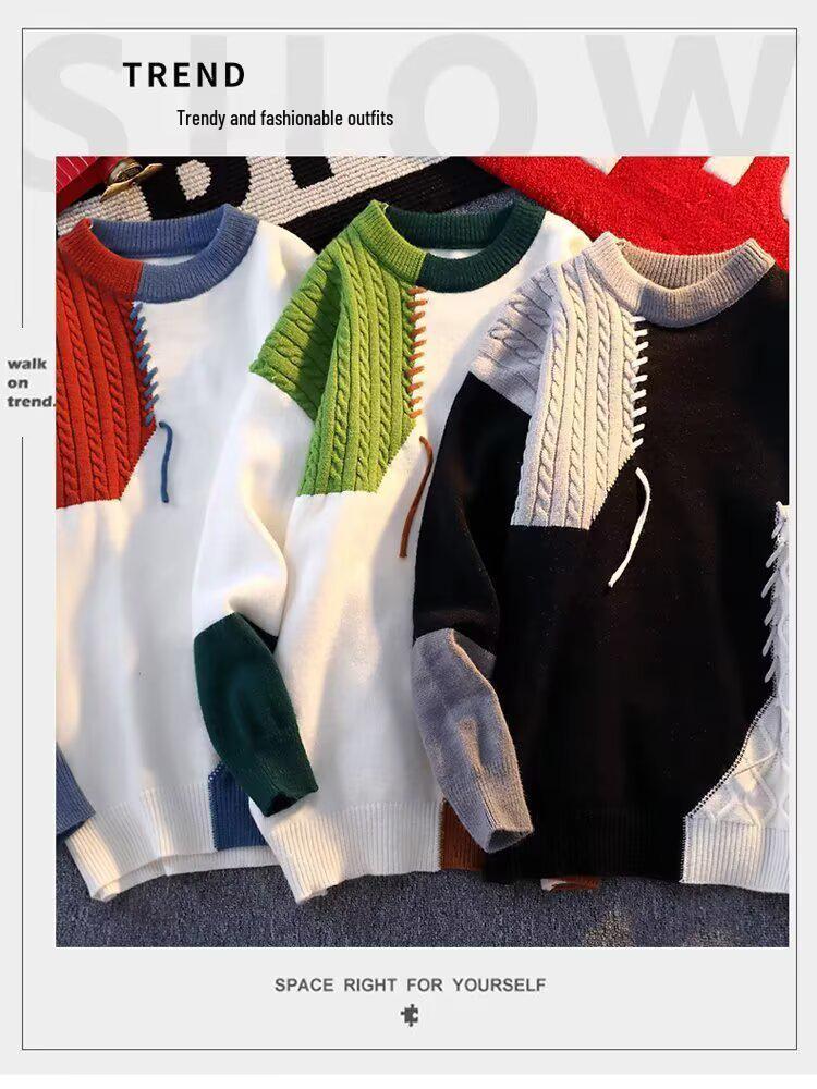 Unisex Patchwork Color-Block Sweater: Casual, Loose-Fit Knit Pullover for Autumn and Winter