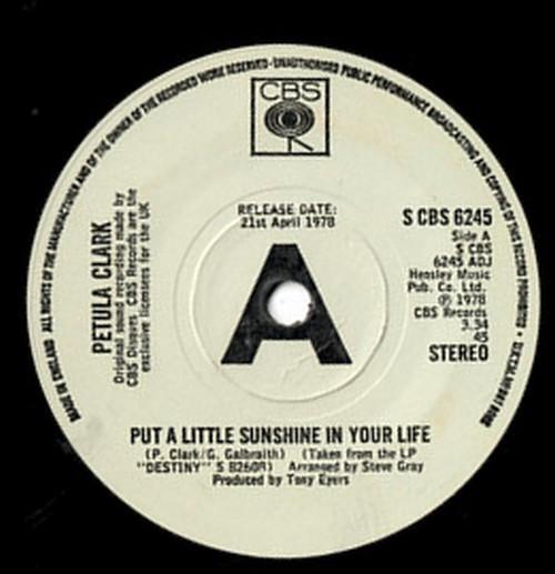 7inch Record PETULA CLARK - Put A Little Sunshine In Your Life SCBS6245PROMO CBS 1978 UK Pop Used