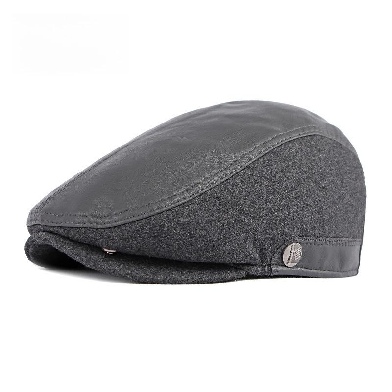 Men's Autumn Winter Warm Flat Cap with Ear Flaps Leather Wool Patchwork Beret Cabbie Ivy Hunting Hat for Middle-Aged Dad Casual Outdoor Cap