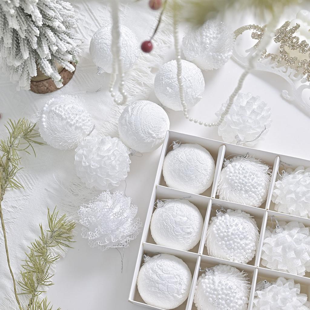 12pcs Boxed Snow-white Lace-edged Christmas Decoration Ball Pendant Christmas Tree Pendant Gift Box Set