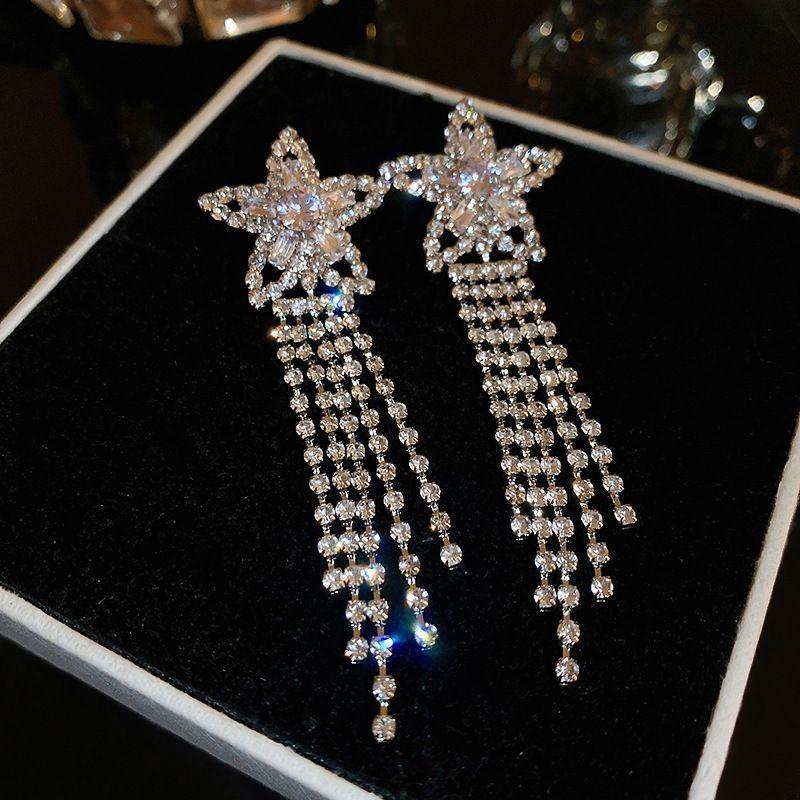 Zirconia Five-Pointed Star Tassel Stud Earrings, Elegant Korean Light Luxury High-End Jewelry