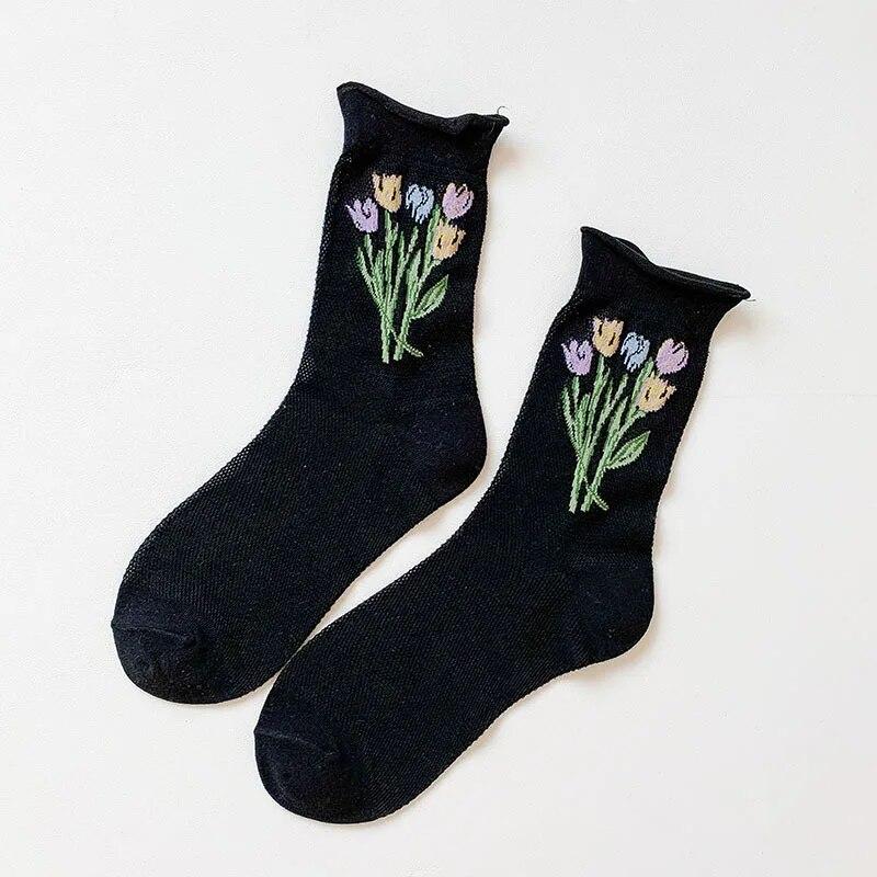 Calzini estivi in pizzo e rete con volant Calzini a rete traforata sottilissimi Calzini giapponesi coreani in cotone caldo con fiori carini Jacquard Calzini alla moda