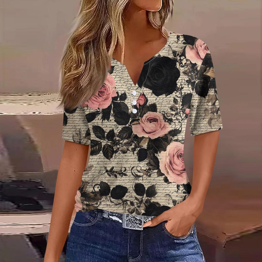 Women's T Shirt Tee Print Button Short Sleeve Daily Weekend Fashion Basic V- Neck Regular Top