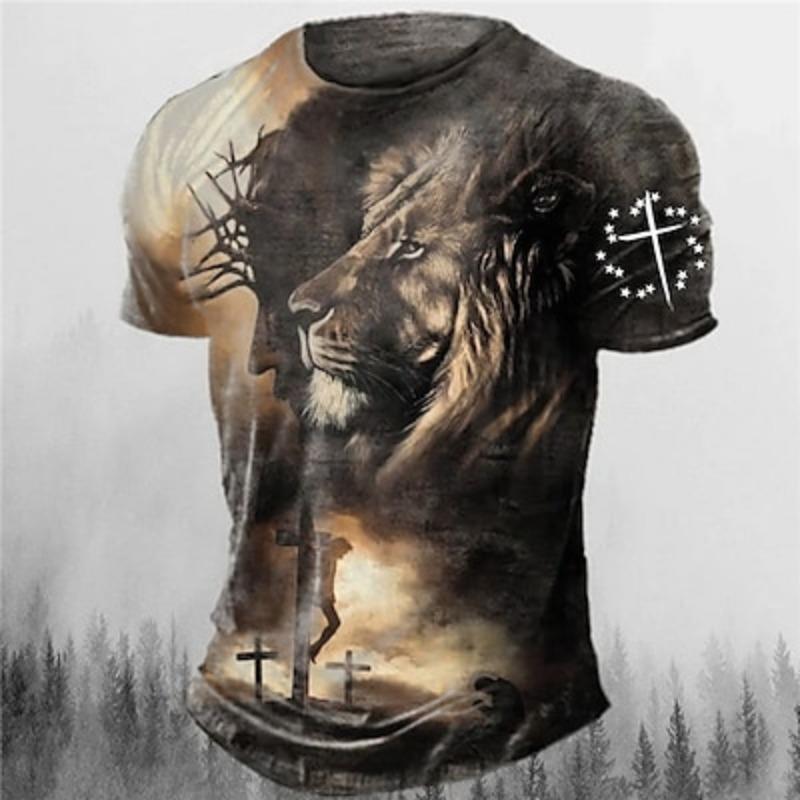 

Men s Graphic Animal Lion Faith T Shirt Short Sleeve T shirt 3D Print Crew Neck Shirt Vintage Fashion Designer Outdoor Daily Sports 3XL