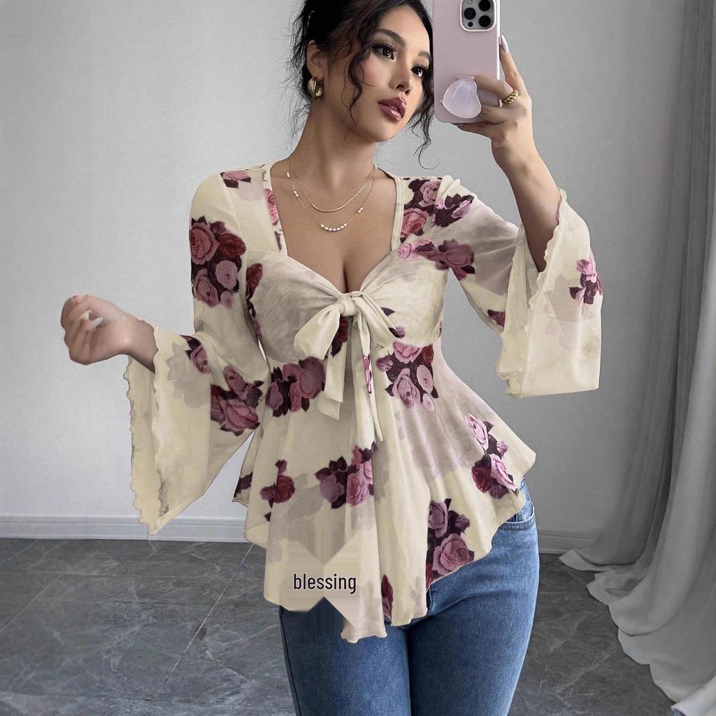 French Floral Asymmetrical Hem Mesh Shirt - Elegant, Sexy, Casual Vacation Top