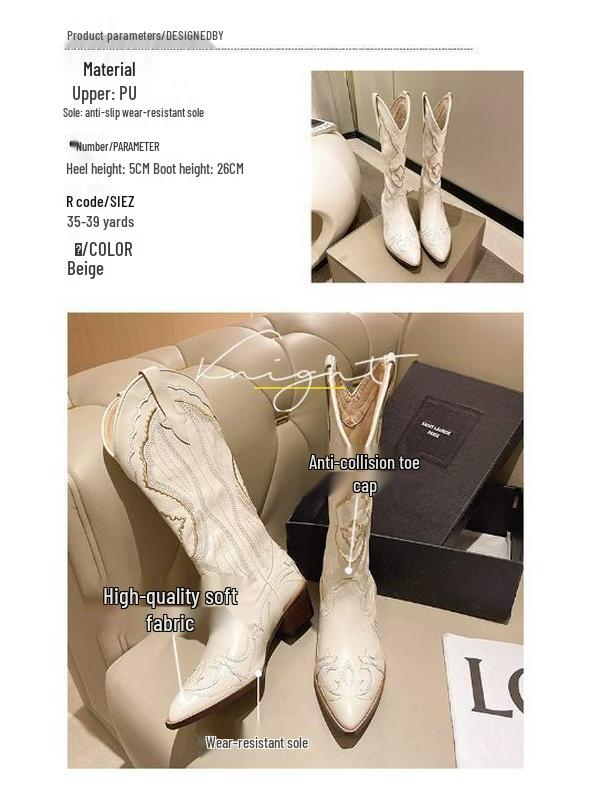 Damen Überknie-Cowboystiefel mit spitzer Zehenpartie in Übergröße - 2025 Herbst/Winter Klobiger Absatz Western-Stil