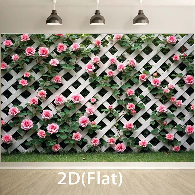 1pc, 2D flat, pink rose climbing white wire mesh fence banner, suitable for birthday celebrations and background banners, wsj
