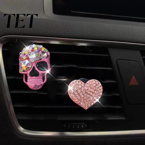 Creative Gifts for Car Owners 2 Pcs Bling Skull Heart Air Vent Clips, Rhinestone Shiny Freshener Clip Dashboard Trim Clip, Funny Head Auto Interior
