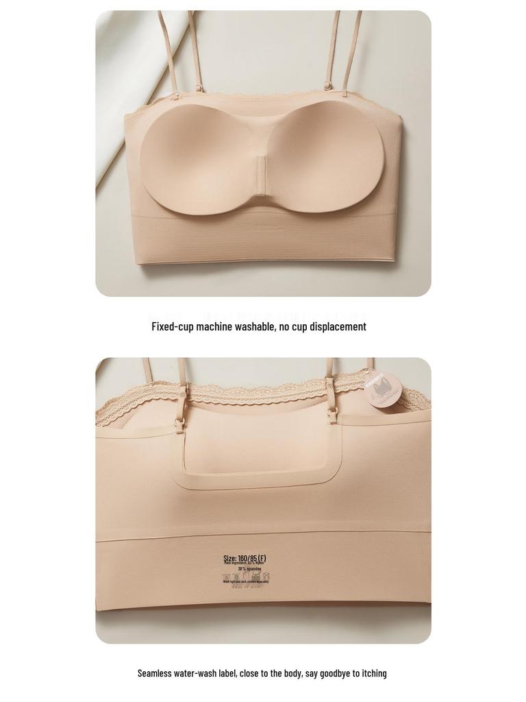 Summer Seamless Lace Trim Push-Up Bandeau Bra – Wire-Free, Strappy, Anti-Exposure, Sweet Beautiful Back Design.