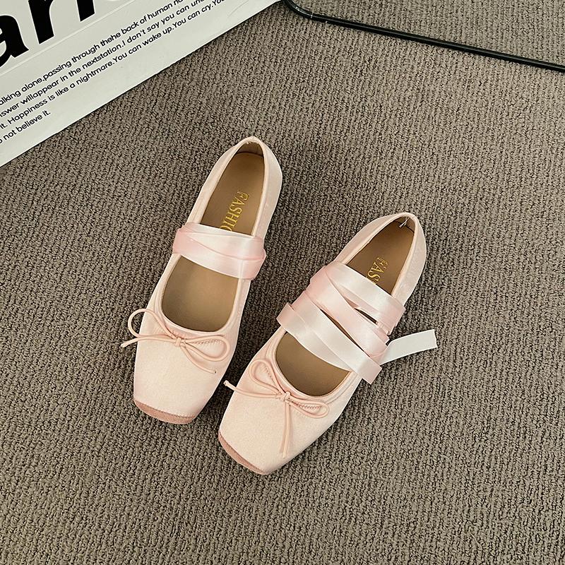 

Fashion Luxury Lace Tie Leg Satin Silk Ballet Flats Woman Square Toe Bowknot Elastic Band Ballerinas Ladies Wedding Floral Shoes 40