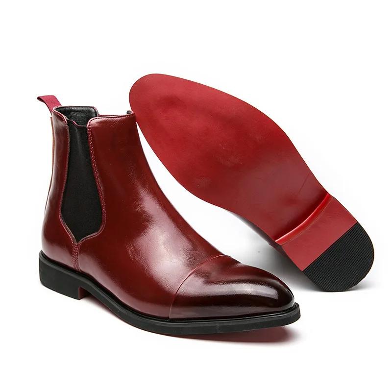 High Top Red Leather Shoes  Pointed Toe Toe Fit Oversized Men'S Boots British Casual Chelsea Boots