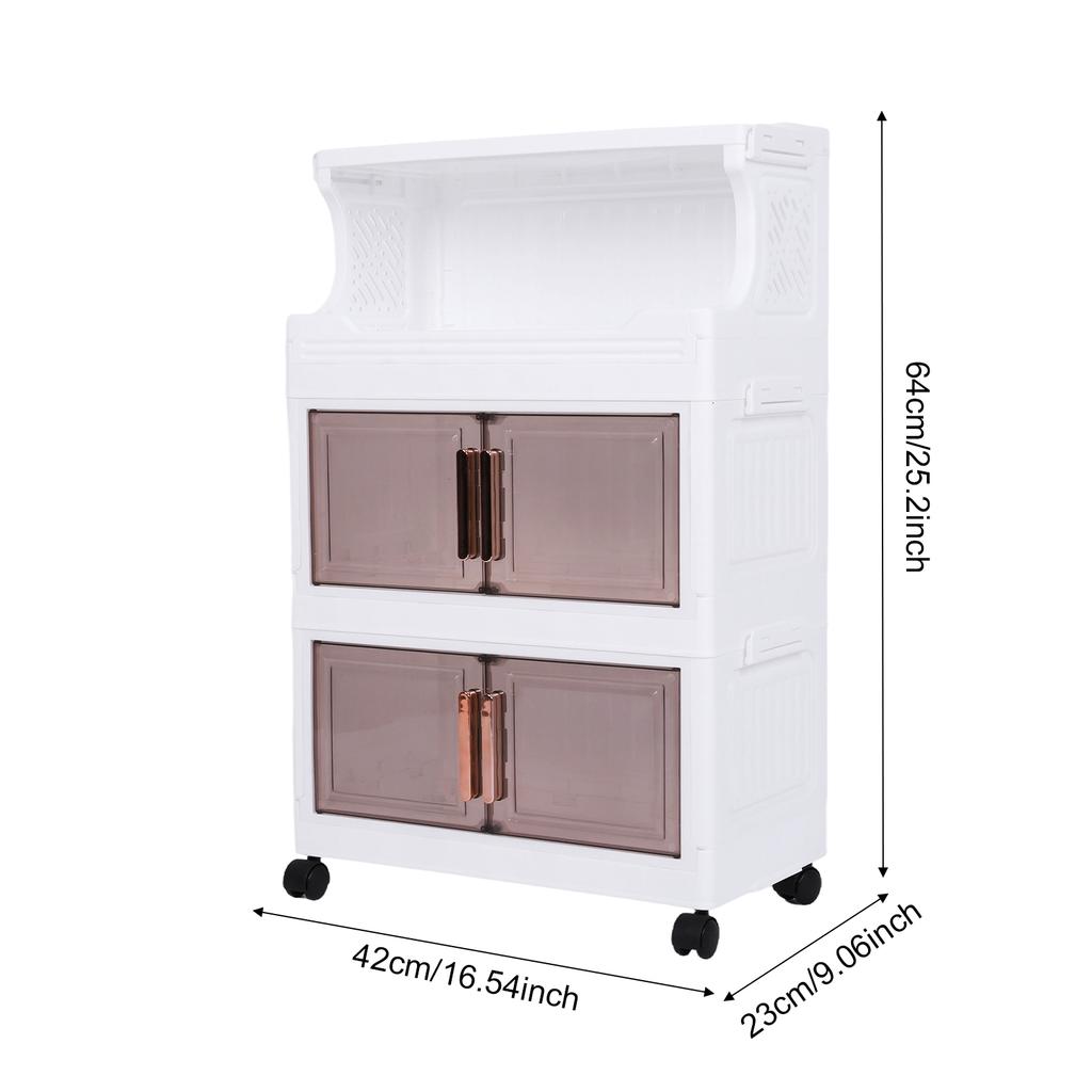 3 Tier Collapsible Storage Boxes with Doors and Wheels 42cm Stackable Storage Cabinet for Craft Home Pantry DormTransparent