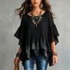 Women S Bohemian Style Chiffon Shirt Loose Round Neck Flared Sleeve Irregular Hem Top