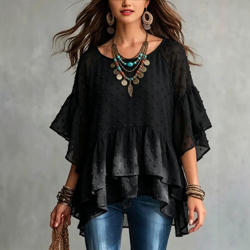 Women S Bohemian Style Chiffon Shirt Loose Round Neck Flared Sleeve Irregular Hem Top