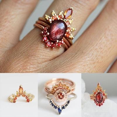 Ethnic Style Vintage Red  Gemstone Ring Set Rose  Ring for Women Stackable Rings Finger Ring Set