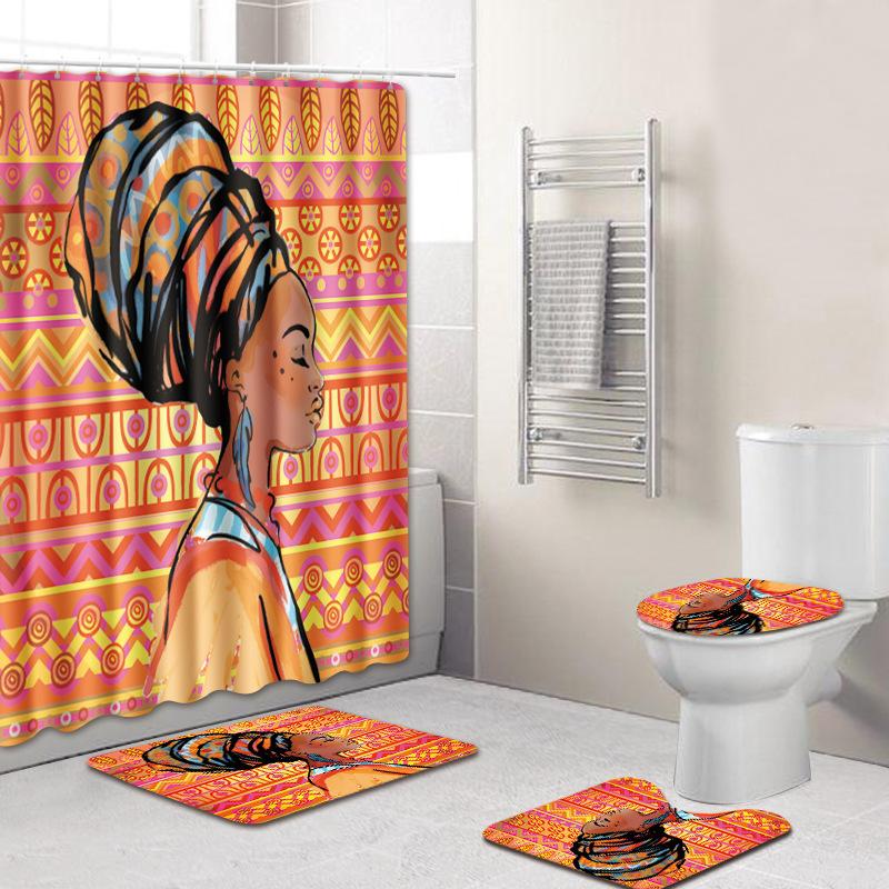 Shower Curtain Floor Mat Set African Woman E-Commerce Bathroom Carpet