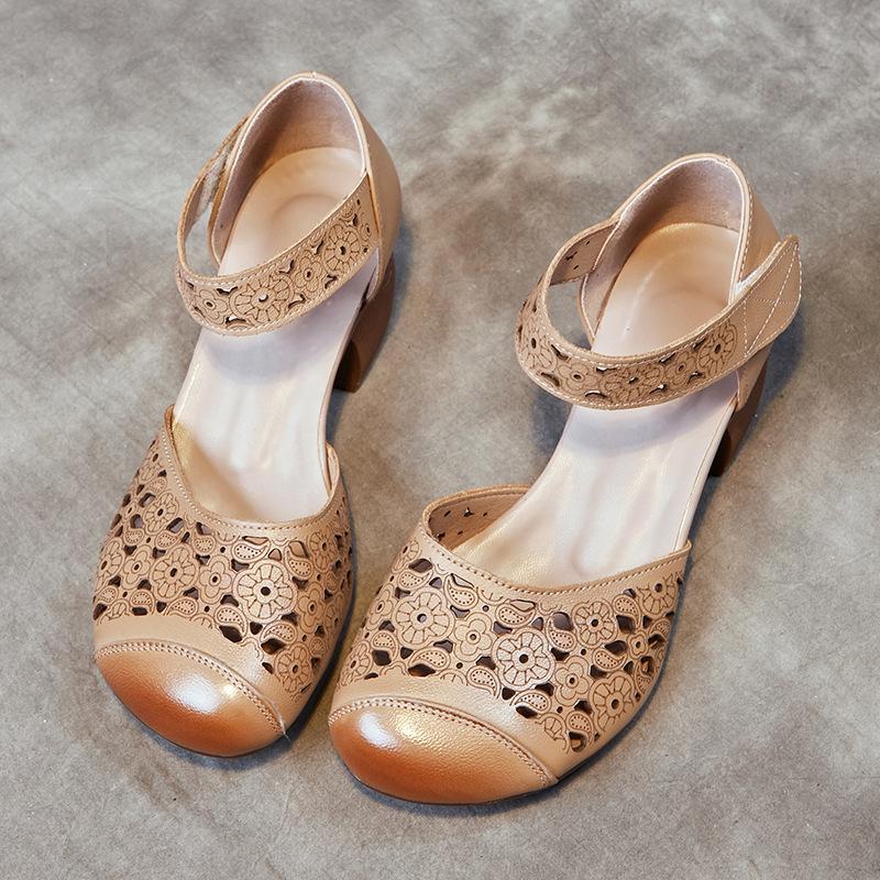 Sandals women's outer wear new summer hollow hole sandals first layer cowhide medium thick heel soft sole women's shoes