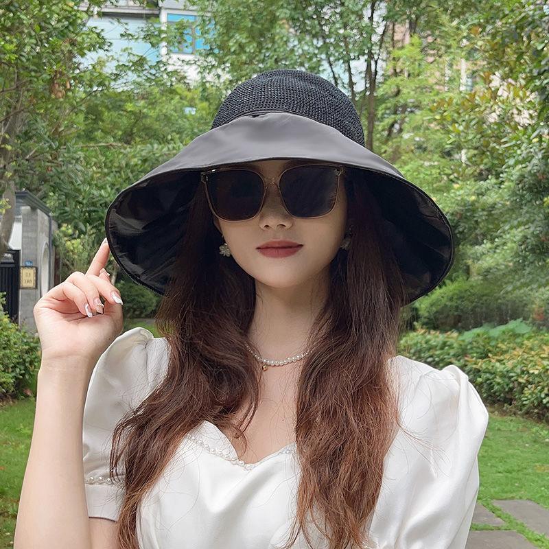 Summer bucket hat women's vinyl sunscreen sunshade hollow breathable dignified atmosphere bow UV protection hat