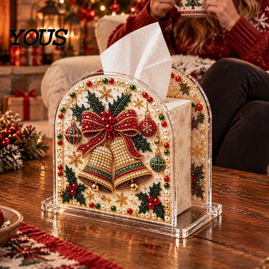 Decorative Tabletop Tissue Dispenser DIY Christmas Faux Pearl Art Painting Box Holder, 3D Rhinestone Beads Square Cover Gem Holder for Winter