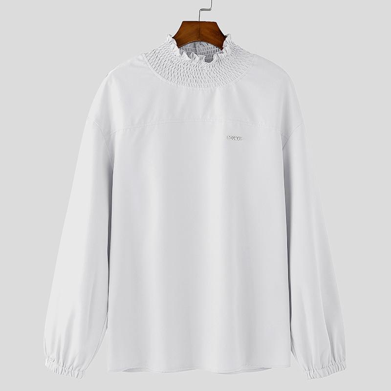 

INCERUN Мужские рубашки с оборками и высоким воротом, с длинными рукавами, свободные топы для вечеринок белый
