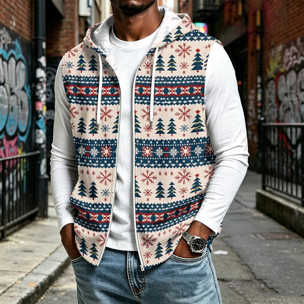 Men's Hooded Sleeveless Zip Up Vest with Christmas Print Casual Holiday Celebration Outfit