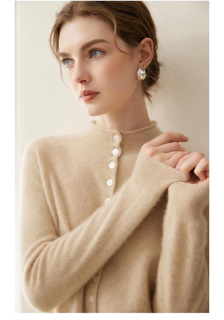 Women's Half-High Neck Pure Cashmere Cardigan - 2026 Autumn/Winter Collection, Rolled Edge, Single-Breasted Gentle Style Base Layer.