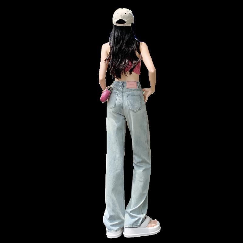 Women's Distressed Pink Leather Label Jeans - 2025 Slimming Plus Size Straight Leg, Petite Long Summer Style