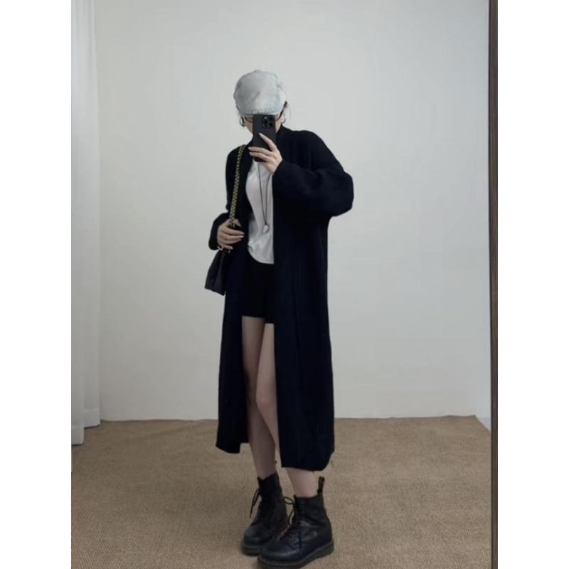 

Ленивый ветер средней длины и длинный вязаный кардиган женский свободный и утолщенный осенне-зимний новый нежный ветер мягкий восковой свитер куртка One size чёрный