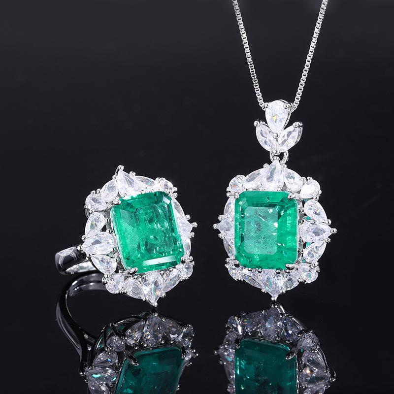 European and American retro simulation emerald pendant ring hand-set diamond women's main stone 12 * 14