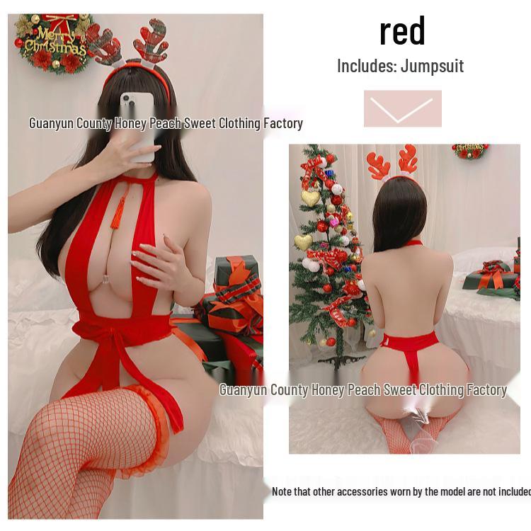 Reindeer Cosplay Christmas Sexy Lingerie Set - Tassel Bow Bodysuit with Open Crotch and Open Cup