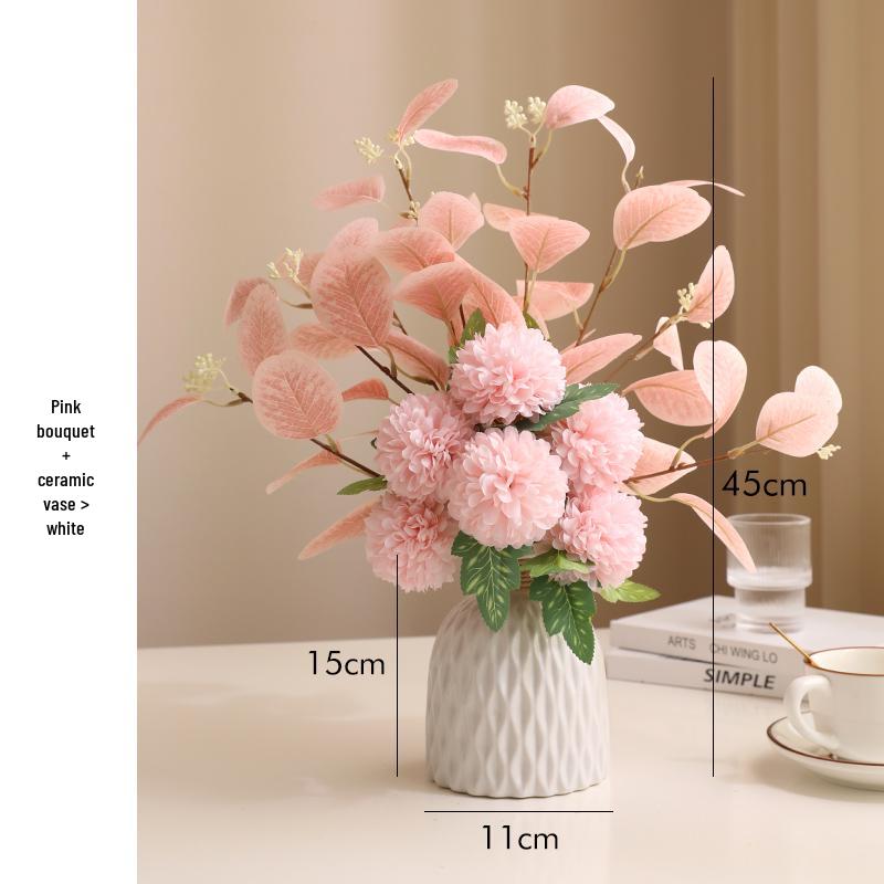 Eucalyptus Ball Chrysanthemum Bouquet in Ceramic Vase - Artificial Dried Flowers for Living Room or Dining Table Decor