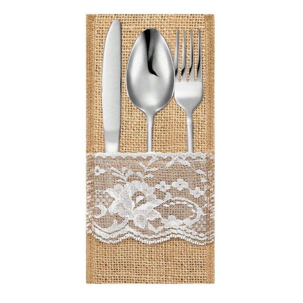 Lace Trim Tableware Storage Bag Linen Fabric Table Decoration Accessories  For Table Decorations