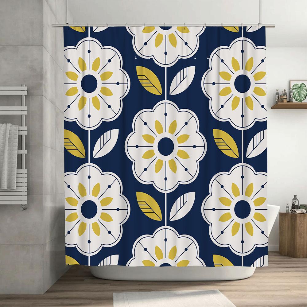 Modern Floral Shower Curtain with Sunflower Design Navy Blue and Yellow Bathroom Decor for Home Use